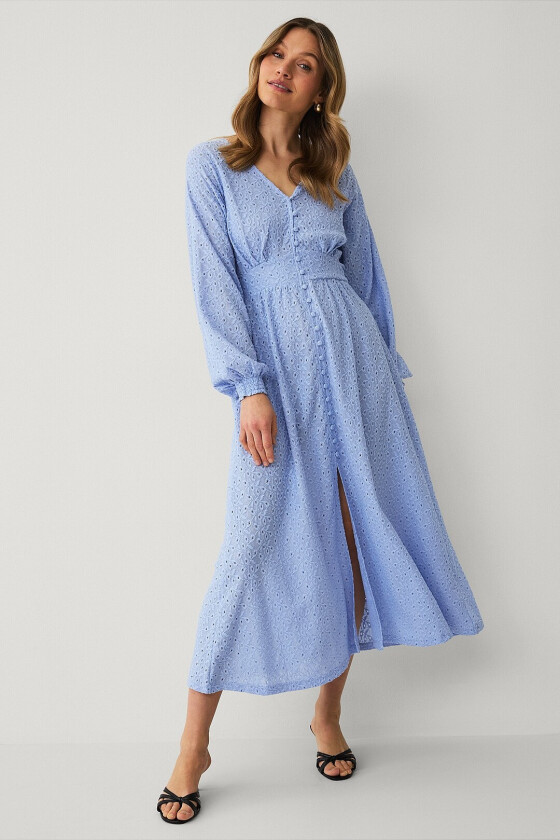 Maxikjole med broderie anglaise - Blå