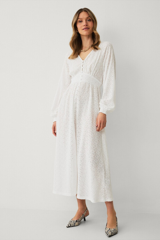 Maxikjole med broderie anglaise - Hvit