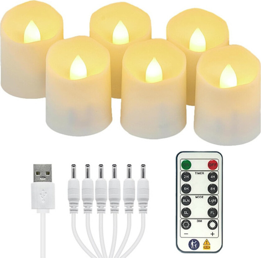 Oppladbare LED-lys, 6-pakke flammeløse lys med fjernkontroll, flimrende telys med USB-ladekabel for Halloween Home-XF6