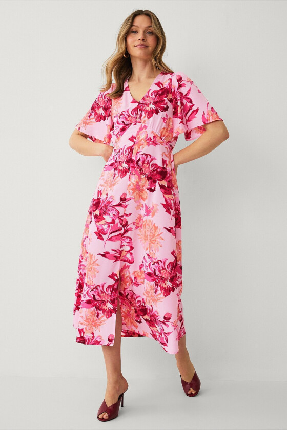 Maxikjole med draperte volangermer - Rosa