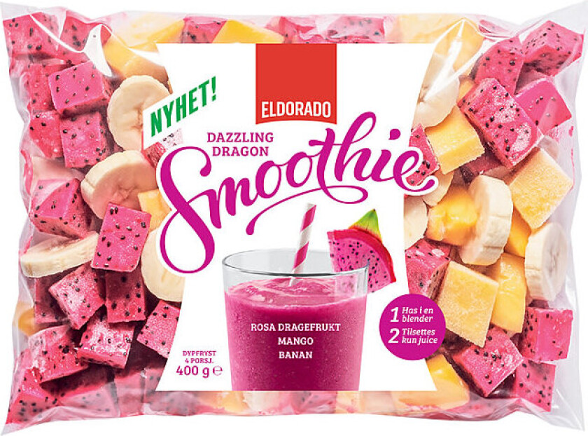 Smoothie Smoothieblanding med dragefrukt, mango, banan eple og blåbær. Miks alt i en blender og tilsett ønsket væske og du får en næringsrik og smakfull smoothie.