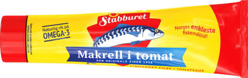 Stabbur-Makrell Tube En saftig og knallgod Makrell i tomat fra . Den praktiske tuben er enkel i bruk uten å søle, og kan oppbevares i kjøleskapet etter åpning.