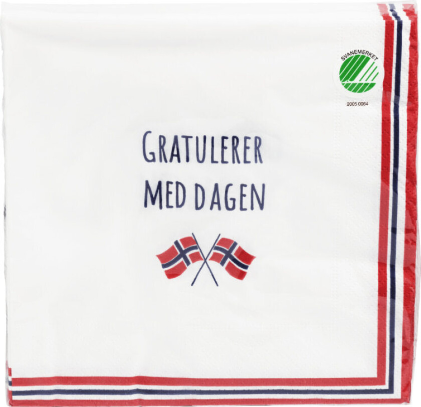 Serviett 17.Mai Trelags lunsjserviett med design, 33x33cm, 20 stk. Svanemerket. Produktet er laget av FSC®-sertifisert materiale og andre kontrollerte kilder.