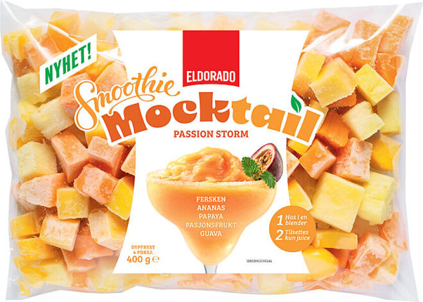 Smoothie Mocktail Lag en nydelig frozen mocktail med fersken, ananas, papaya og pasjonsfrukt. Miks alt i en blender og tilsett ønsket væske. Kan også serveres som en smoothie.