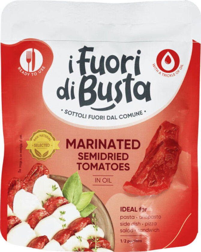 Marinerte Tomater Marinerte semitørkede tomater av høyeste kvalitet.
Ingen lake - ingen søl.
Perfekt topping til pizza og som ingrediens i sandwich og salater.