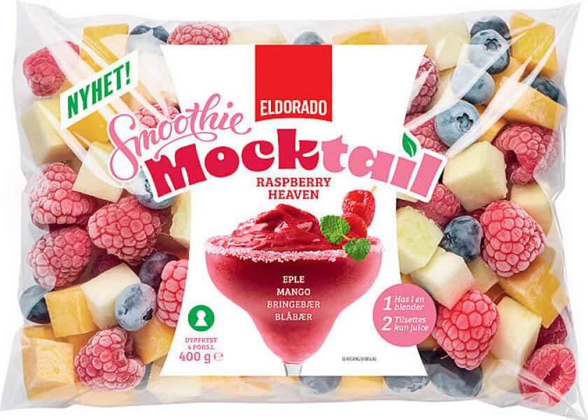 Smoothie Mocktail Lag en forfriskende frozen mocktail med eple, bringebær, mango og blåbær. Miks alt i en blender og tilsett ønsket væske. Kan også serveres som en smoothie.