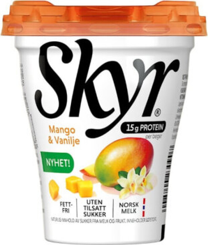 Skyr Mango&Vanilje Skyr® Blåbær & Acai er en smakfull yoghurt med fløyelsmyk og fyldig konsistens. Produktet er naturlig proteinrik, uten tilsatt sukker, fettfritt og laktoseredusert.