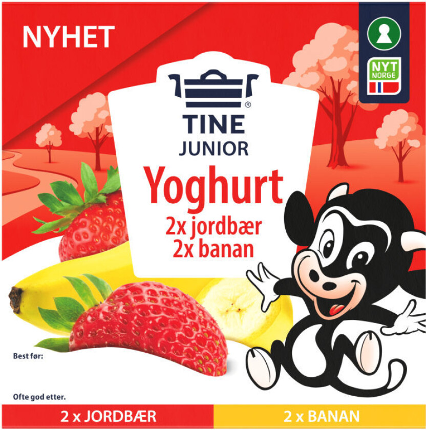 Yoghurt Junior Junior Yoghurt med smak av jordbær og banan (2 stk av hver). Nøkkelhullsmerket.