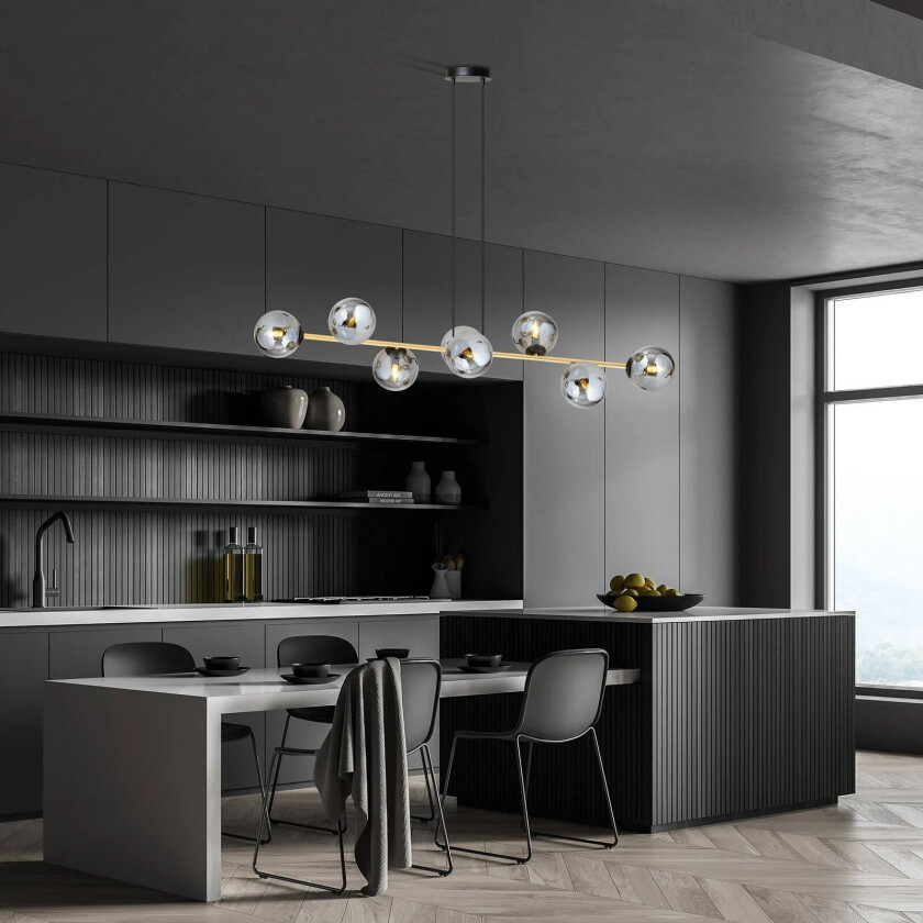 Glassy pendellampe, 8-lys, svart/gull/grafitt