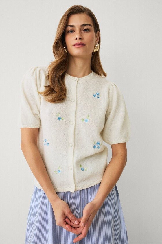 Kardigan med broderi - Hvit