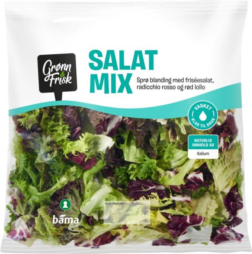 Salat Mix Vasket og spiseklar salat i stor pose med en blanding av friséesalat, radicchio rosso og lollo blader.