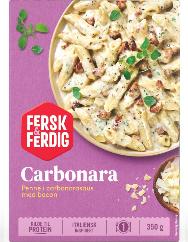 Carbonara Pennepasta i fyldig, kremet carbonarasaus med bacon. Sausen er basert på fløte, eggeplomme og ost.