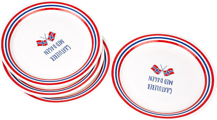 Papptallerken Engangstallerken av papir med norsk flagg og dekorasjon. Inneholder 6 stk.