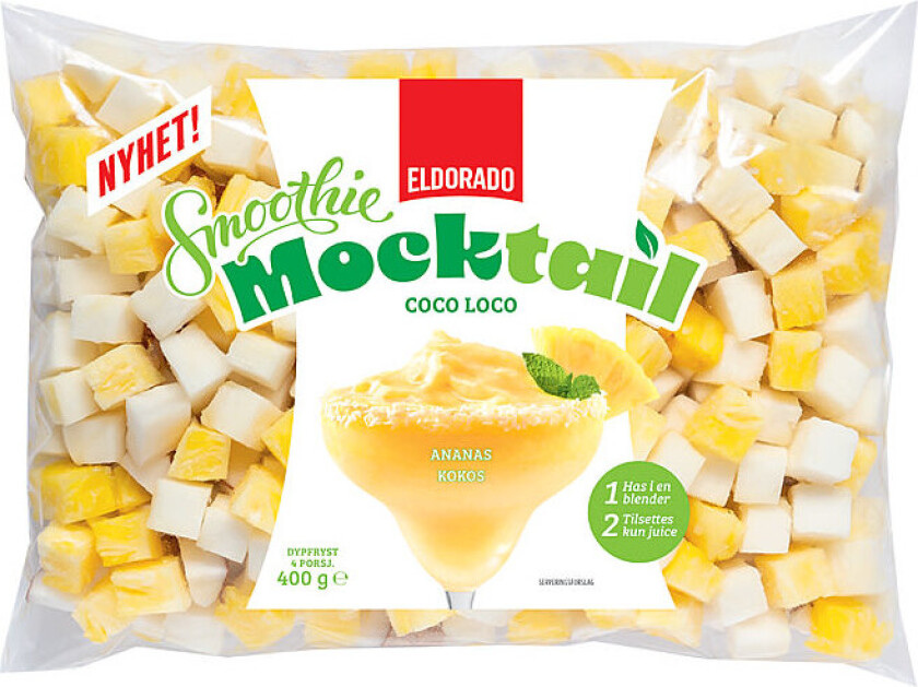 Smoothie Mocktail Lag en forfriskende frozen mocktail med ananas og kokos. Miks alt i en blender og tilsett ønsket væske. Kan også serveres som en smoothie.