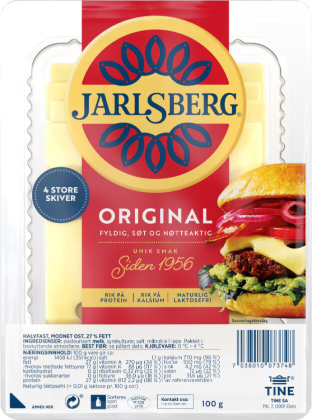 Original ® burgerost, med fire store, tykke skiver, er perfekt til burgeren! smelter godt, og gir en smakfull burgeropplevelse.