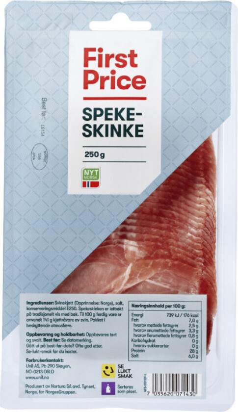 Spekeskinke Tradisjonell, norsk spekeskinke i skiver.
Nyt den som på pålegg, til forrett, som tapas eller på pizza.