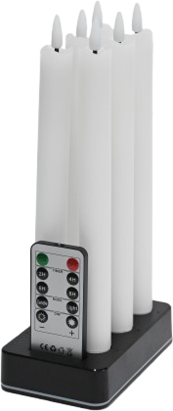 Bilde av 6-pak hvite LED-stearinlys inkl. ladebase - Ø2cm, H: 25cm, kronelys, inkl. fjernkontroll, timer