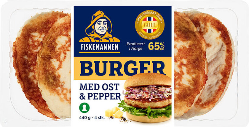 Fiskeburger Smakfull fiskeburger med tydelig smak av pepper og ost.
Inneholder fire burgere.