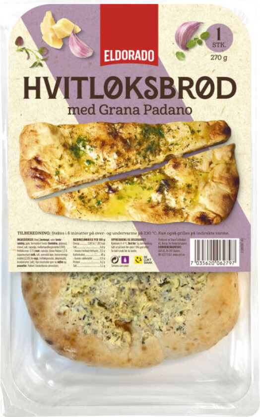 Hvitløksbrød Tilbehørsbrød, toppet med hvitløkssmør, Grana Padano og urter.
