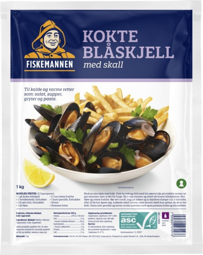 Blåskjell Kokte Ferdig kokte blåskjell med skall. Raske og enkle å tilberede. Passer godt i supper og pasta - eller gjerne klassikeren Moules Frites.