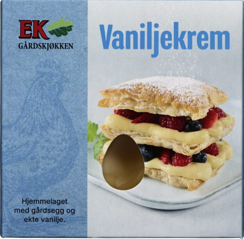 Vaniljekrem Laget med egg fra gårdens høner, Kremfløte, melk, Tahiti vaniljestang og litt maisenna En te hjemmelaget vaniljrem helt uten tilsetninger