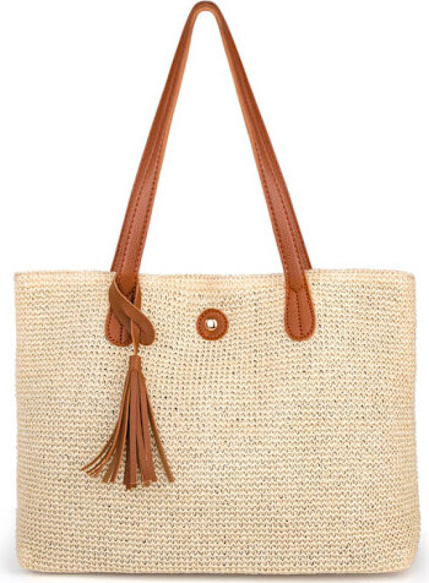 Halm Skulder Bag Dame Stor Strand Vevd Vesker Stor Kapasitet Beige Kurv Bag Håndlaget med Lær Skulderstropp Spenne