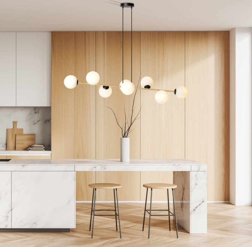 Glassy pendellampe, 8-lys, svart/gull/opal