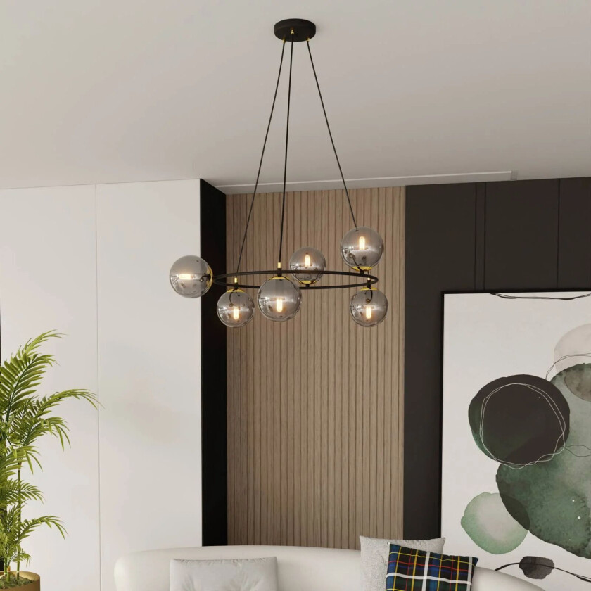 Pendellampe Glassy 6-lamper, rund, glass grafitt