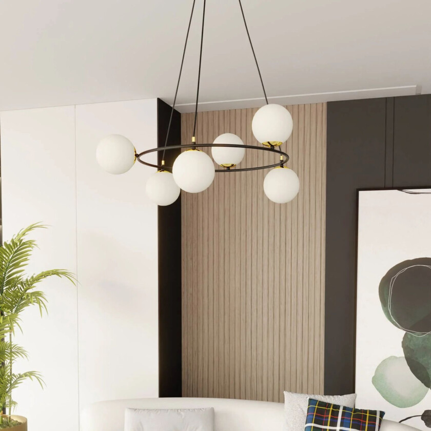 Glassy pendellampe 6-lys, rund, opalt glass