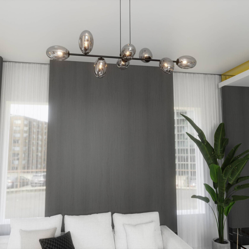 Glassy pendellampe, 8-lys, ovalt glass, grafitt