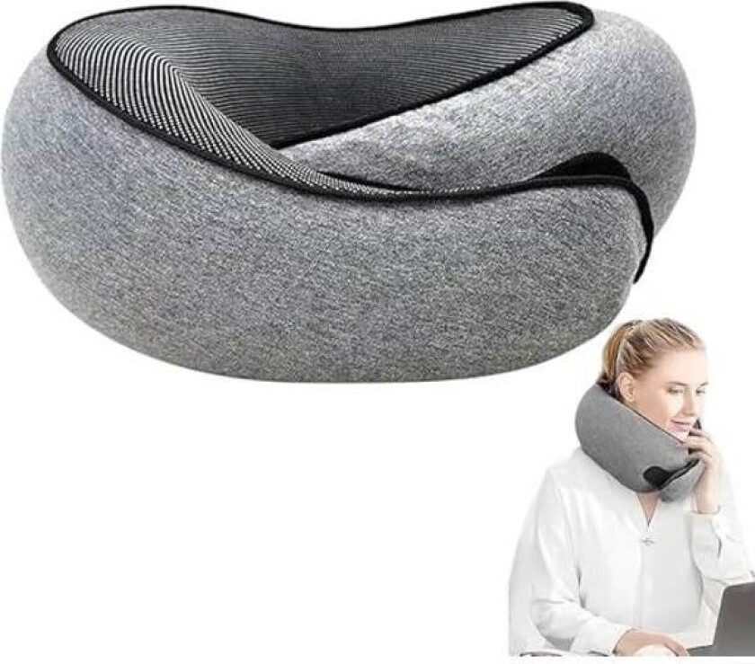 Nakkepute i minneskum for fly – 360° justerbar nakkevinkel, inkluderer øyemaske og ørepropper (lysegrå)