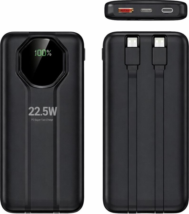 Kraftig Powerbank med Innebygde Kabler, 10000mAh - Svart
