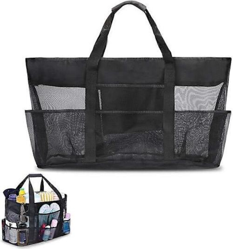 Stor svart strandveske i netting, stor strandveske 70 x 18 x 37 cm, sammenleggbar skulderveske