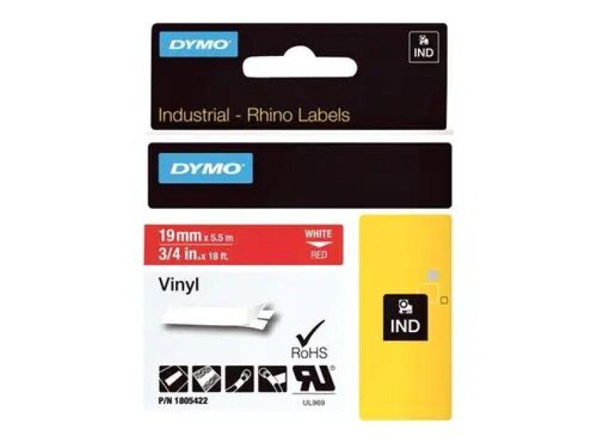 Dymo Tape Rhinopro Permanent Vinyl 19mm Hvit/rød