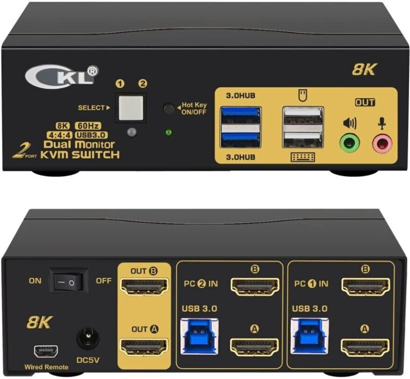 KVM 2x2 HDMI Switch Dual Monitor HDMI2.1 8K60Hz 4K144Hz 4:4:4 med 2xlyd og 4xUSB-A