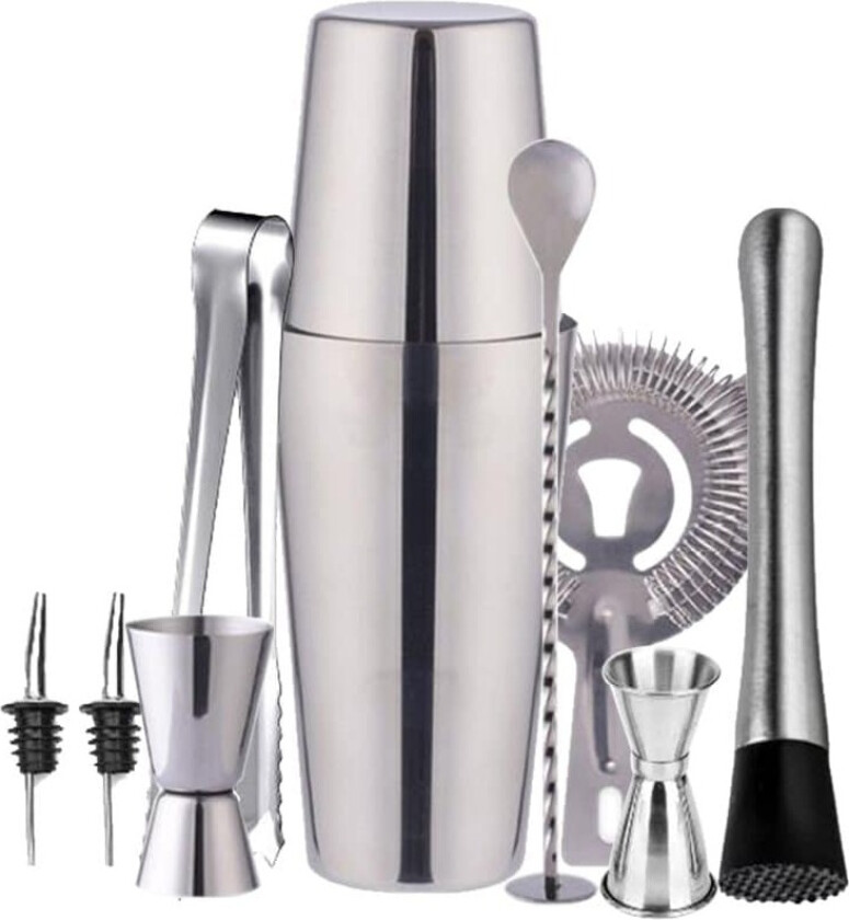 INF Sett for bartending med dobbel shaker 750ml i rustfritt stål, 10 redskaper