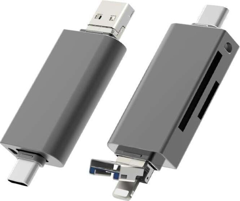 NÖRDIC OTG-kortleser 3 i 1 USB-C + Lightning + USB-A 3.0-støtte for SD / TF Micro SD Opptil 2TB 5Gbps
