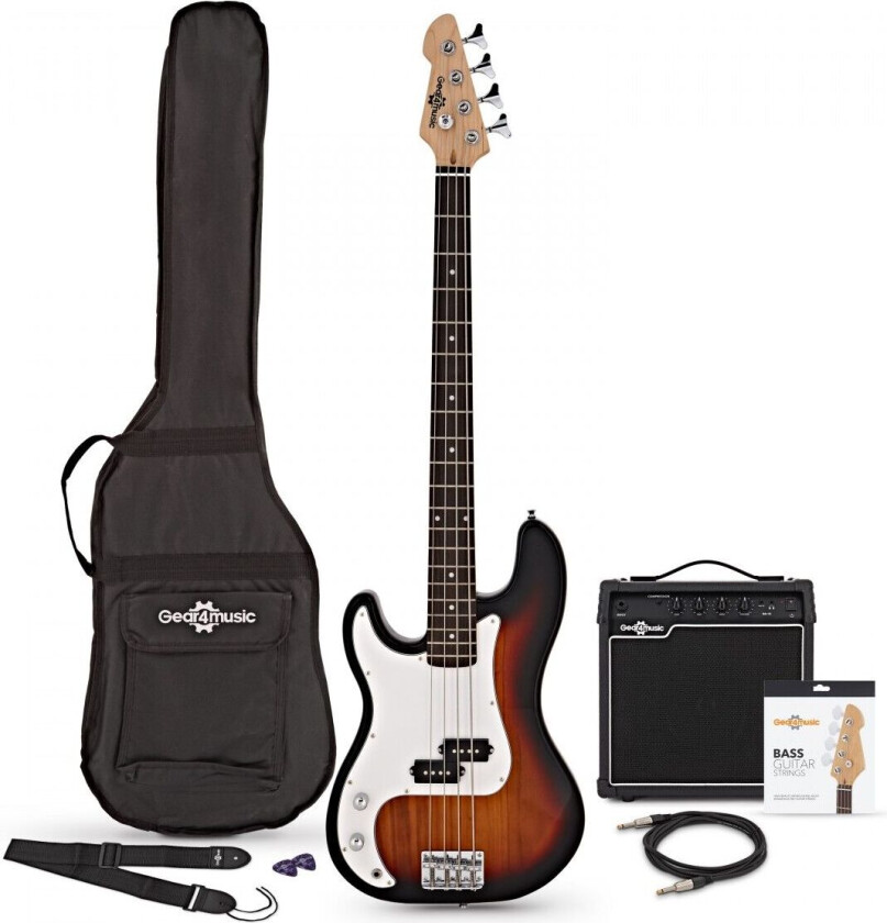 Gear4Music LA Venstrehendt Bassgitar + 15W Forsterkerpakke Sunburst