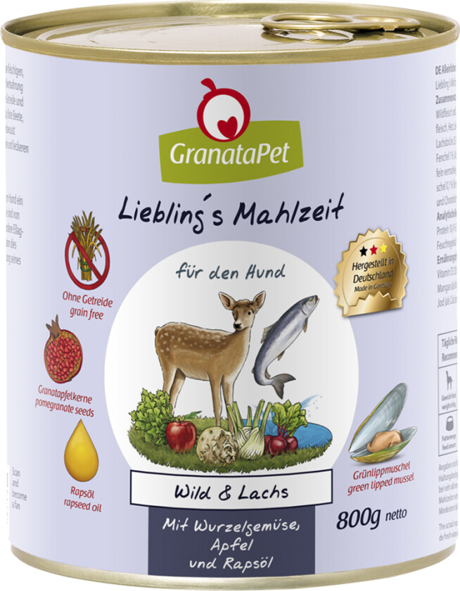 GranataPet Liebling's Meal 24 x 800 g i økonomipakke - Vilt og laks med rotgrønnsaker, fennikel, eple og rapsolje