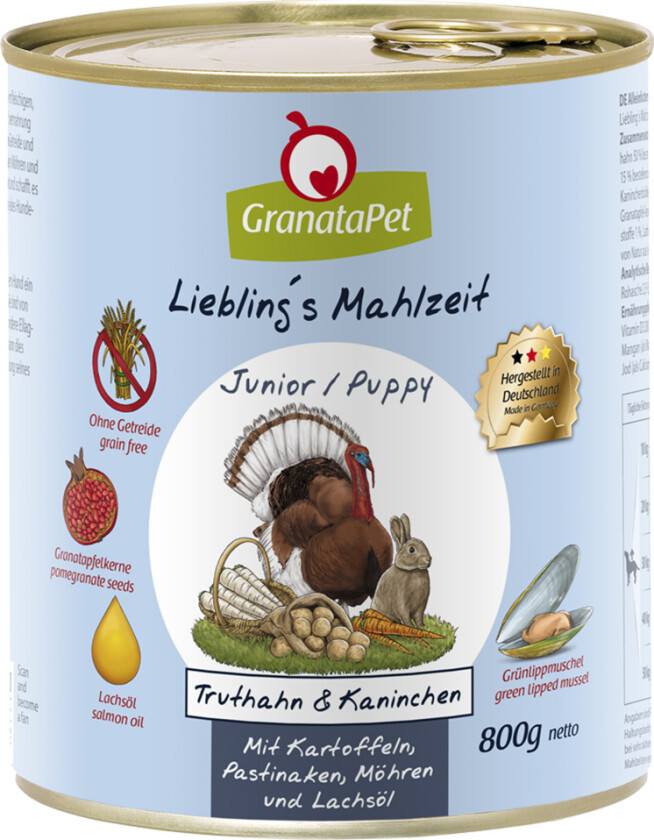 GranataPet Liebling's Meal 24 x 800 g i økonomipakke - Junior kalkun og kanin med potet, pastinakk og lakseolje