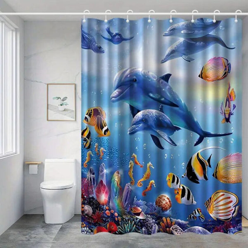 Vanntett dusjforheng med delfinmotiv, muggbestandig dusjforheng til bad, delfindusjforheng 210x180cm