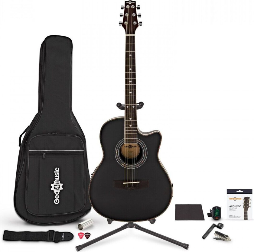 Gear4Music Roundback Akustisk Gitar Komplett Spillerpakke fra Gear4Music Svart