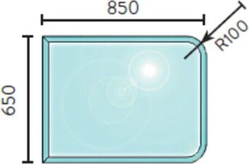 Gulvplate glass 650 x 850 mm radie på avrundede hjørner fasett