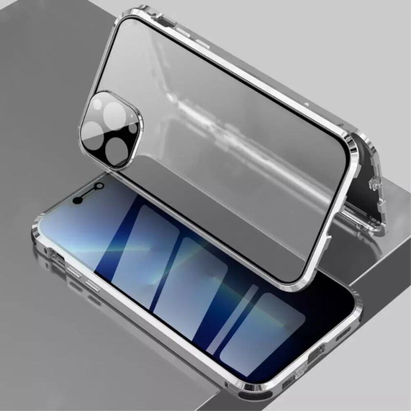 iPhone 13 Pro Magnetisk Privacy Glass Deksel - Bak Og Front - Sølv