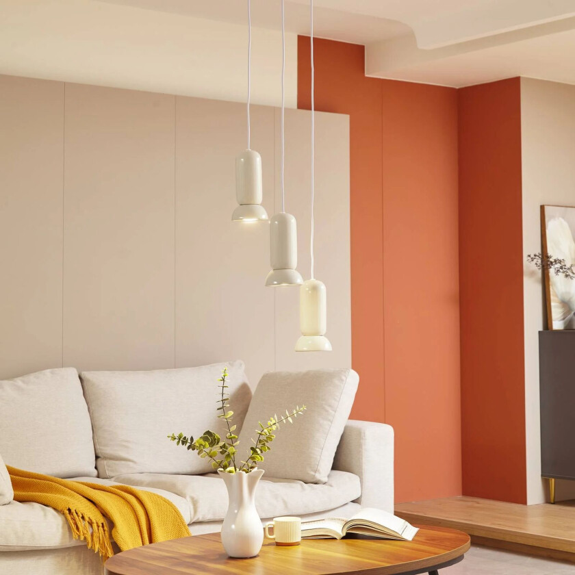 pendellampe Kerimi, kremfarget, 3-lys, rund