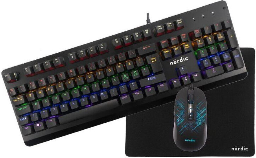 NÖRDIC RGB Kit 3-I-1, Mekanisk RGB-tastatur Xinda Blue Switch, RGB Mus, Mousepad