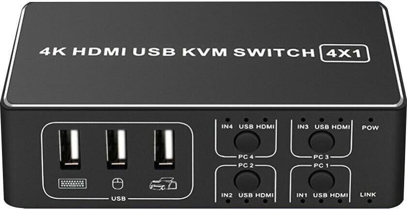 NÖRDIC KVM Switch 4 PC til 1xHDMI 4K 60Hz og 4xUSB HDCP 2.2 for Xbox, PS5, Laptop