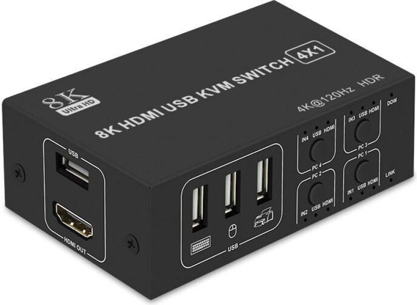 NÖRDIC KVM Switch 4 PC til 1xHDMI 8K60Hz og 4xUSB HDCP 2.2 for Xbox, PS5, Laptop