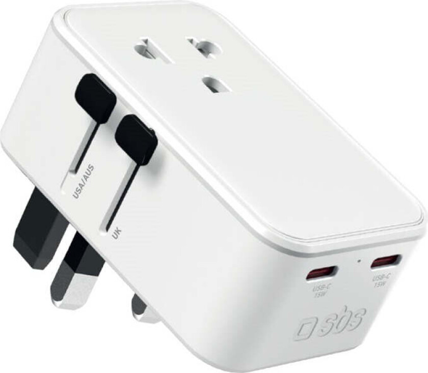 Ekstra Tynn Reiseadapter for UK / USA / AUS med 1 x USB-A & 2 x USB-C - hvit