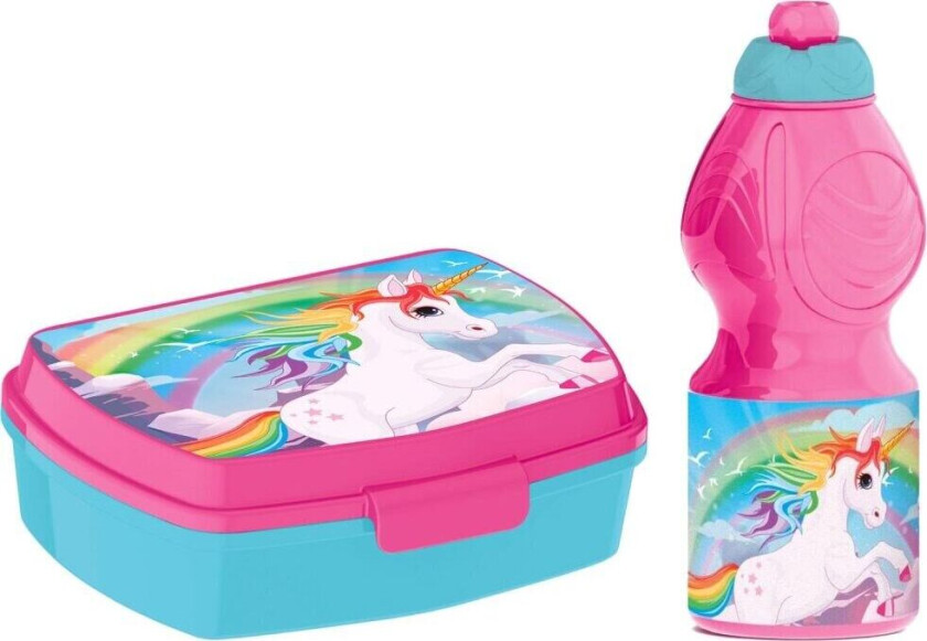 2-Pack Rainbow Unicorn Regnbue-enhjørning Matboks & Pop-up vannflaske